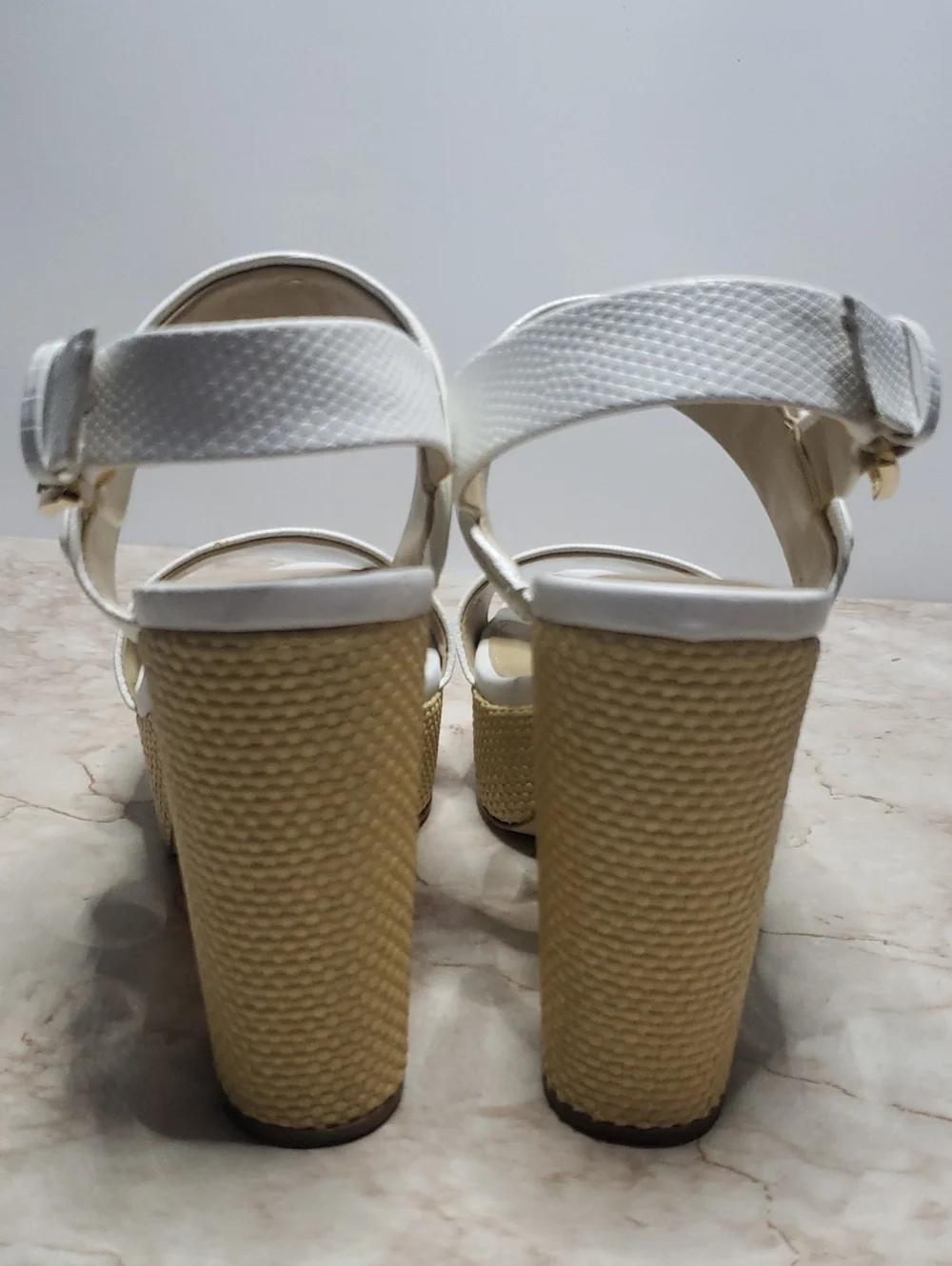 Michael Kors White Platform Sandals with Gold MK Hardware 7.5